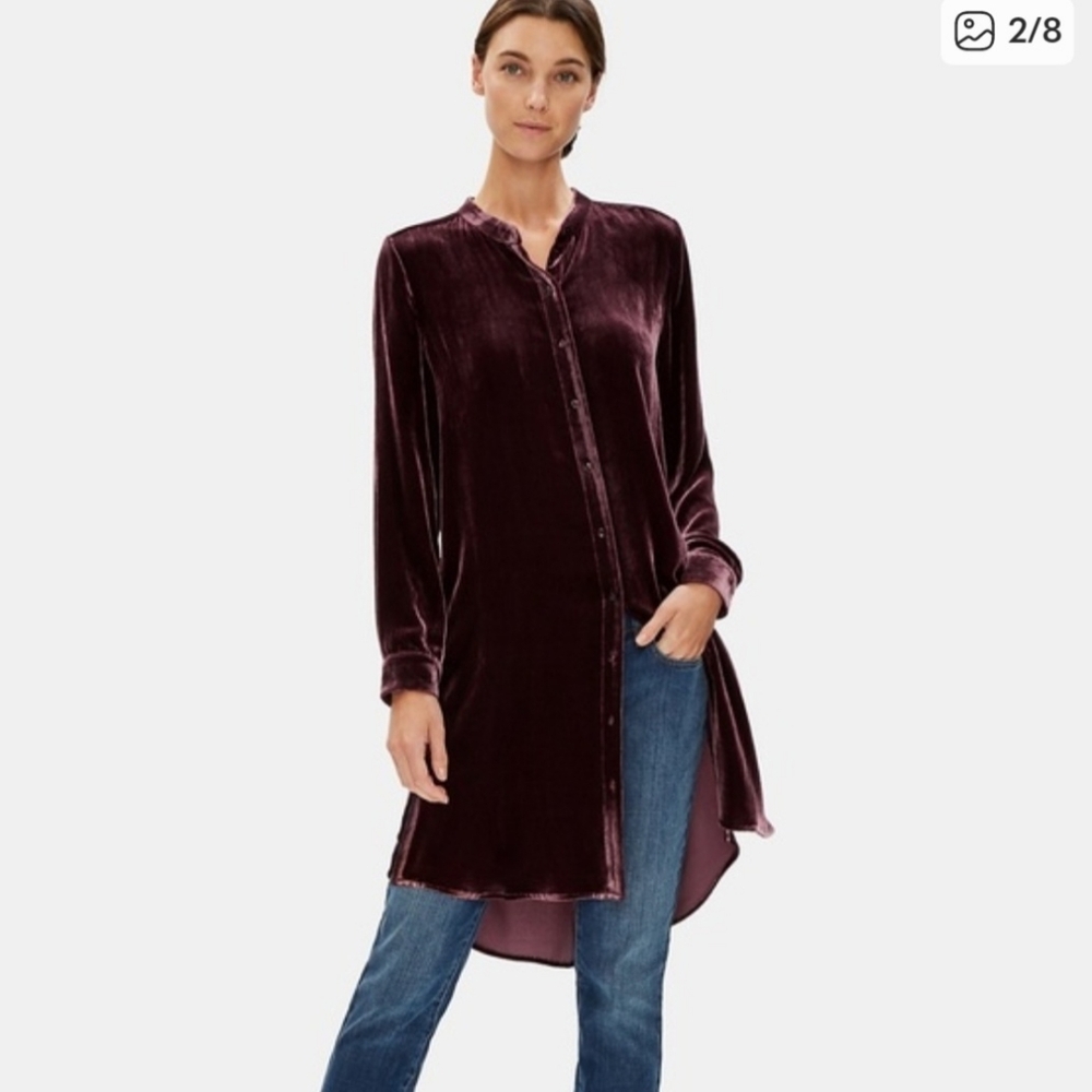 EILEEN FISHER VELVET MANDARIN COLLAR BURGUNDY Shirt Dress S/P - Picture 2 of 16